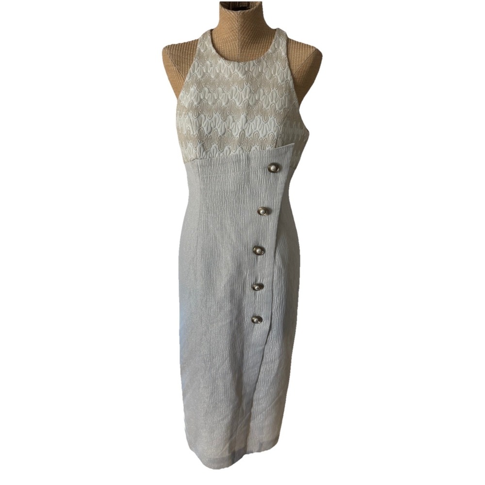 Vintage 90s‎ 80s Linda Segal White Ivory Gold Metallic Dress Formal Cocktail 10